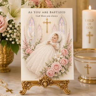 Baptism Baby Girl Cross Floral Christening Card