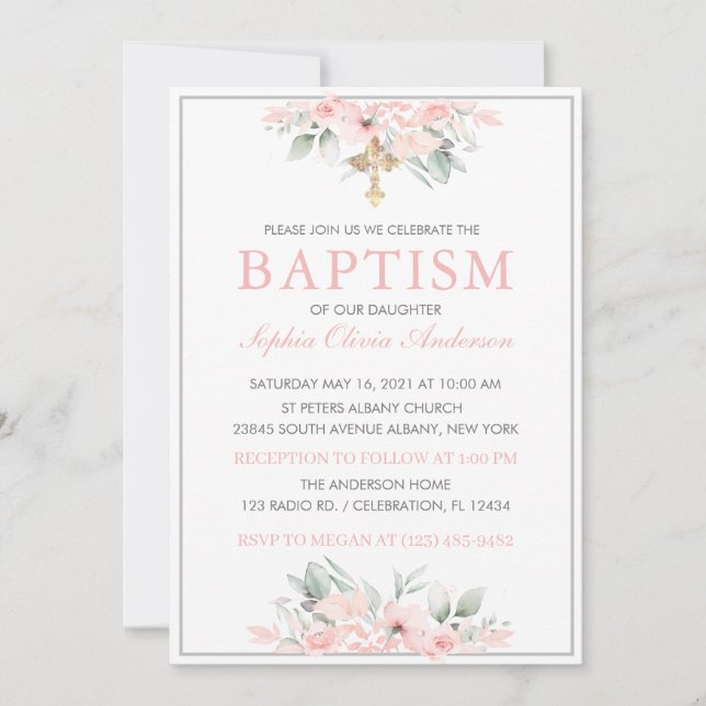 Baptism Baby Girl Invitation Pink Stationery (Front)