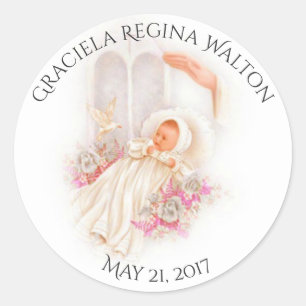 Baptism Baby Girl Pink Flowers Cross Classic Round Sticker