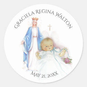 Baptism Baby Girl Pink Flowers Mary Classic Round Sticker