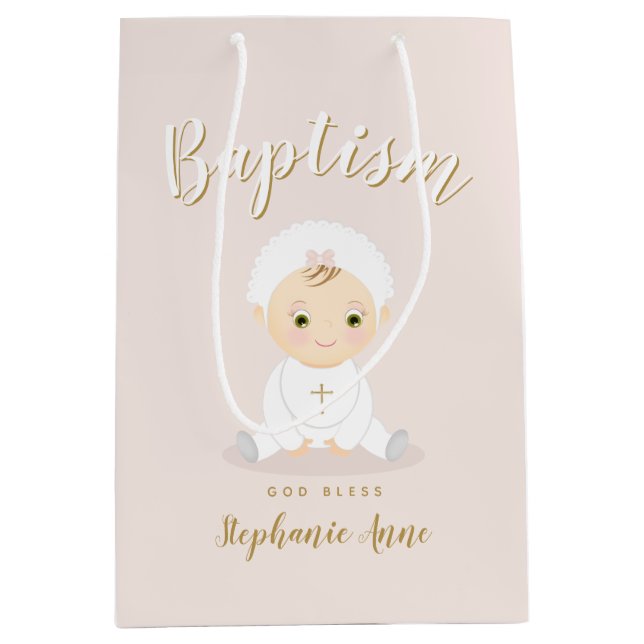 Baptism Baby Girl with Bonnet Medium Gift Bag (Front)