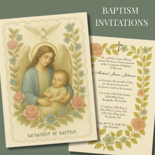 \Baptism Baby Guardian Angel Floral  Invitation