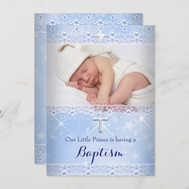 Baptism Baby Photo of Boy Blue Lace Invitation (Front/Back)