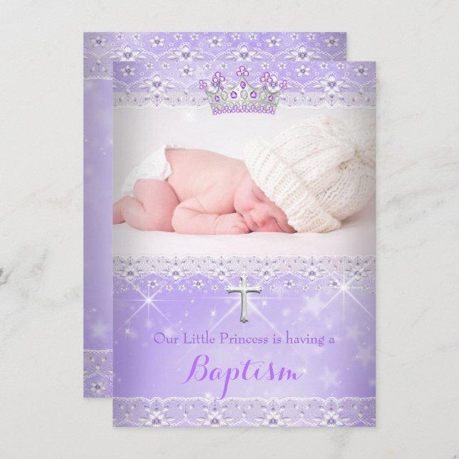 Baptism Baby Photo of Girl Lilac Purple Tiara Invitation (Front/Back)