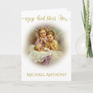 Baptism Baby Praying Angels Gold Script Overlay Card