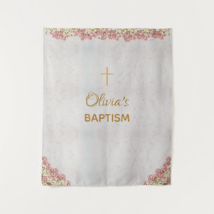 Baptism Backdrop Gold Cross Pink Orchids Marble Tapestry
