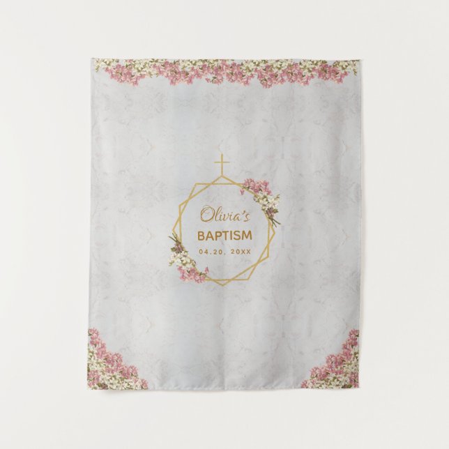 Baptism Backdrop Gold Pink Orchid Marble Geometric Tapestry (Front)