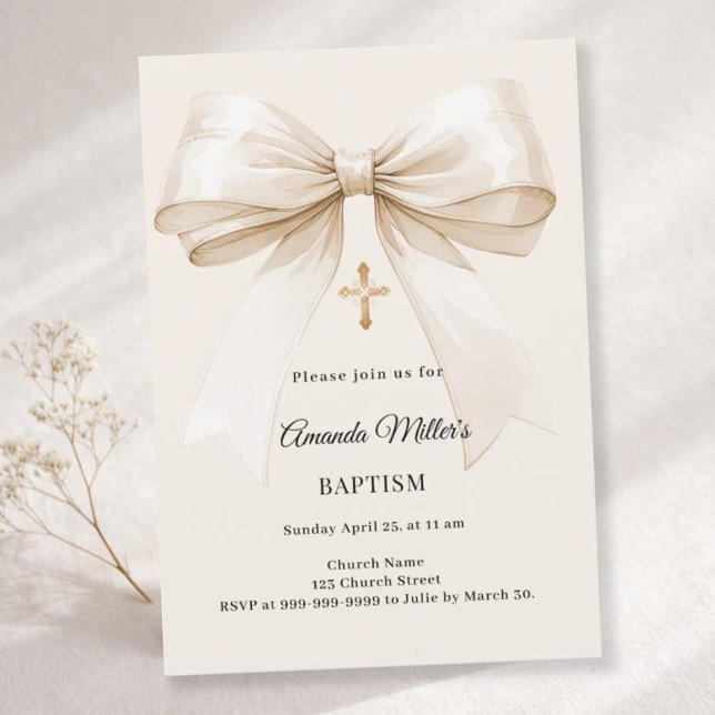 Baptism beige bow Elegant Invitation (Creator Uploaded)