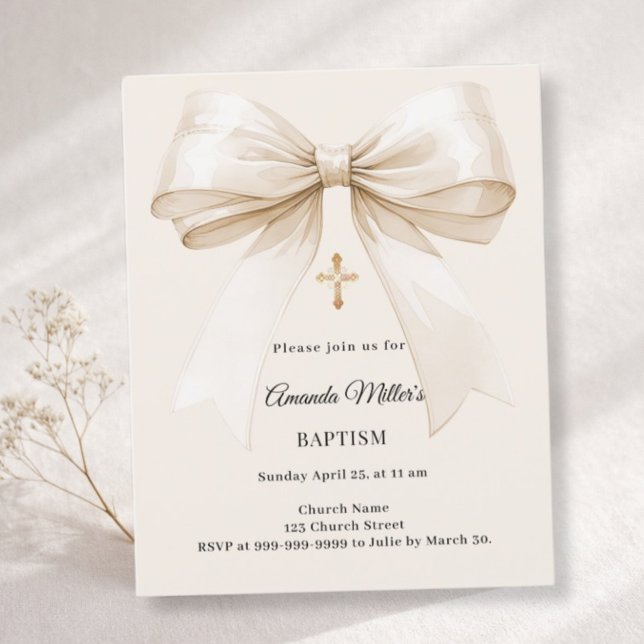 Baptism beige bow elegant invitation (Creator Uploaded)
