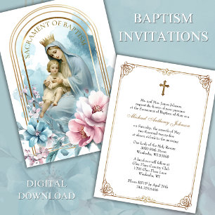 Baptism Blessed Mother Jesus Pink Blue Floral  Invitation