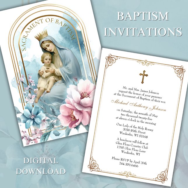 Baptism Blessed Mother Jesus Pink Blue Floral  Invitation (Creator Uploaded)