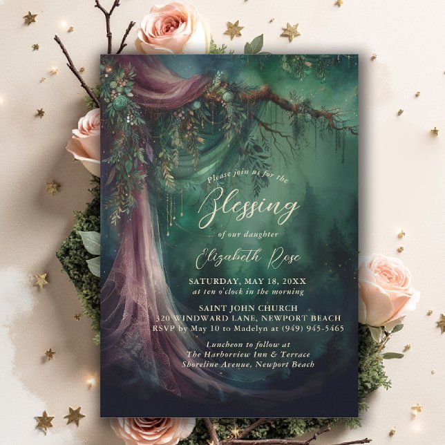Baptism Blessing Enchanted Garden Fairytale Draped Invitation (baptism invitation christening enchanted forest garden botanical greenery emerald gold floral draped)