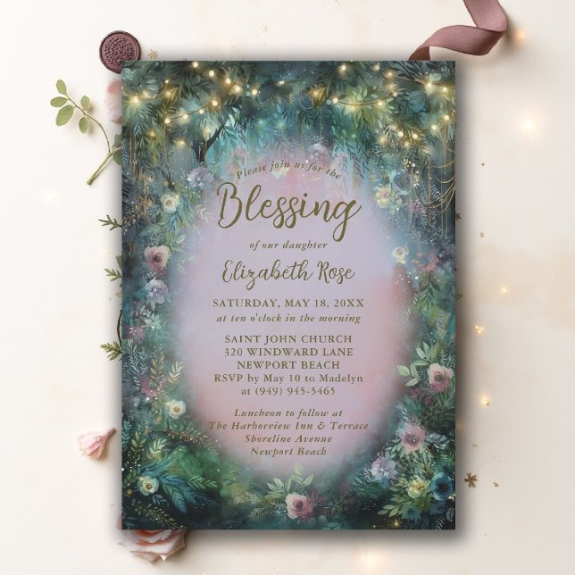 Baptism Blessing Enchanted Garden Roses Fairytale Invitation (baptism invitation christening enchanted forest garden botanical greenery roses emerald gold pink)