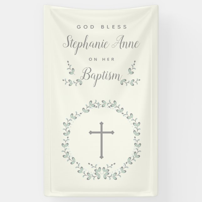 Baptism Blue and Green Leaf Wreath Banner (Vertical)