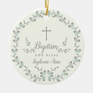 Baptism Blue and Green Leaf Wreath Ceramic Ornament