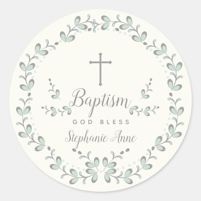 Baptism Blue and Green Leaf Wreath Classic Round Sticker (Front)