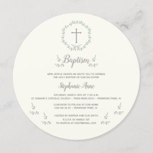 Baptism Blue and Green Leaf Wreath Invitation