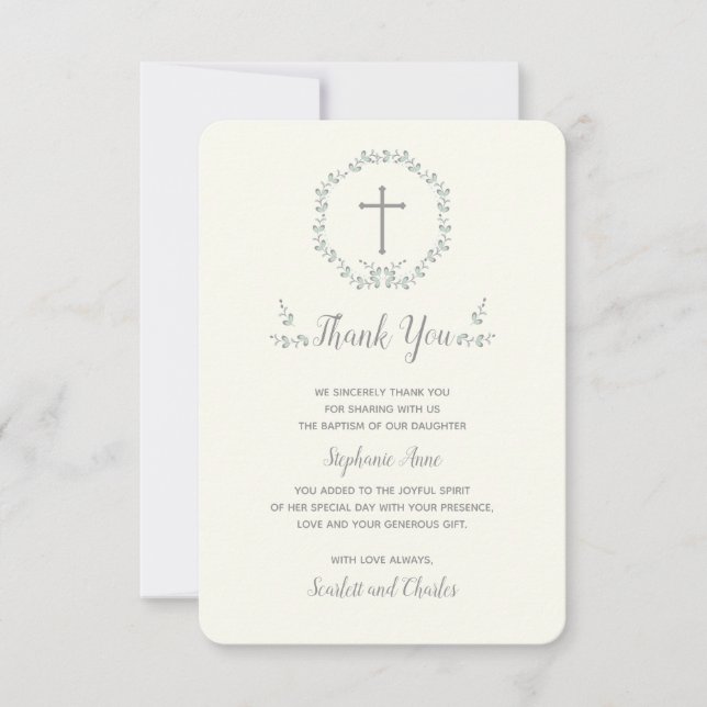 Baptism Blue and Green Leaf Wreath Invitation (Front)