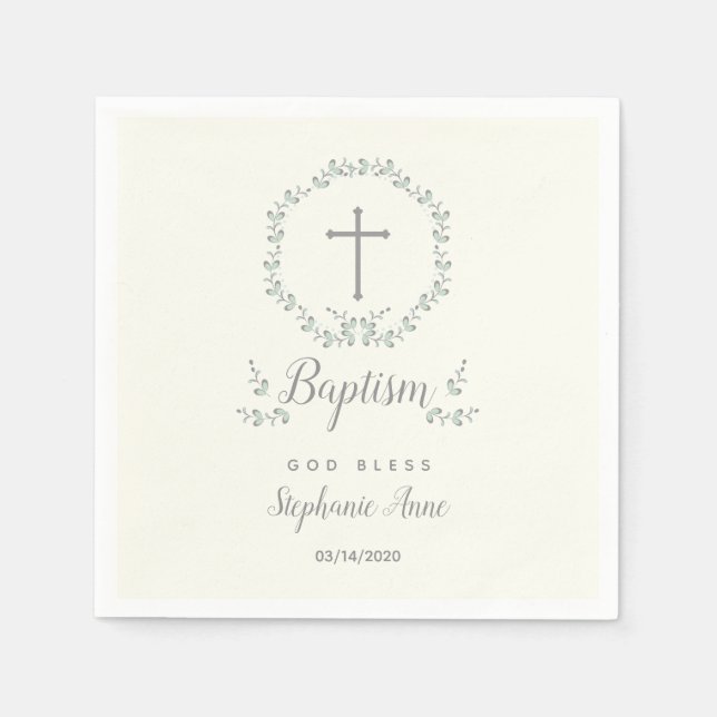 Baptism Blue and Green Leaf Wreath Napkin (Front)