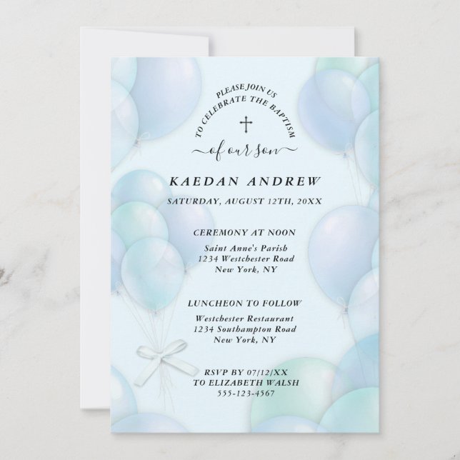 Baptism Blue Balloons Christian Cross Invitation (Front)