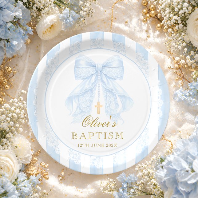 Baptism Blue Bow Baby Boy Paper Plate (Creator Uploaded)