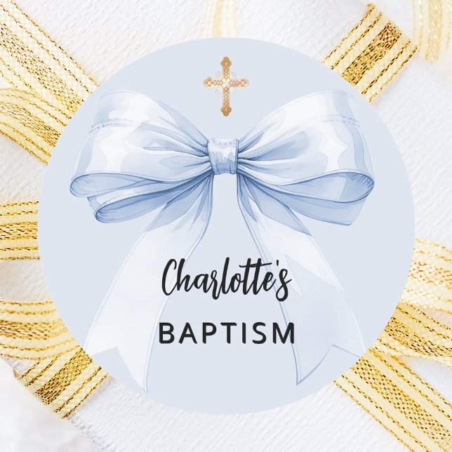 Baptism blue bow boy cross classic round sticker (Creator Uploaded)