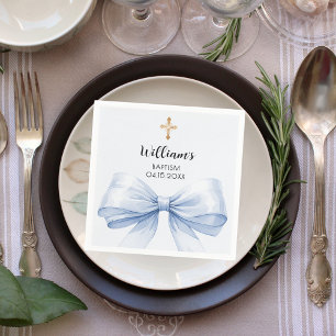 Baptism blue bow boy gold cross napkin