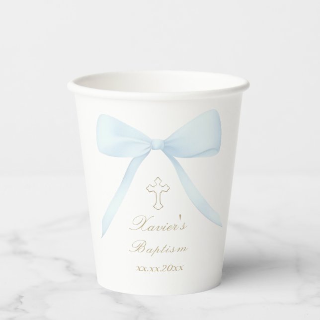 Baptism blue bow  paper cups (Front)
