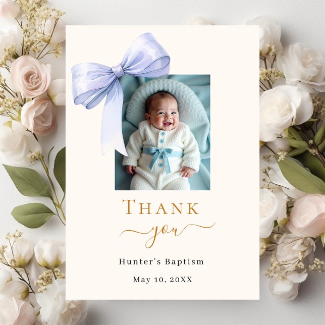 Baptism blue bow photo cream boy thank you card (Creator Uploaded)