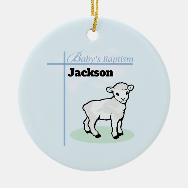 Baptism Blue Boy Lamb, Customisable Ceramic Ornament (Front)