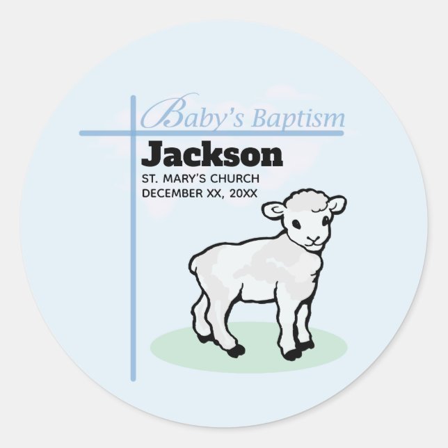 Baptism Blue Boy Lamb, Customisable Classic Round Sticker (Front)