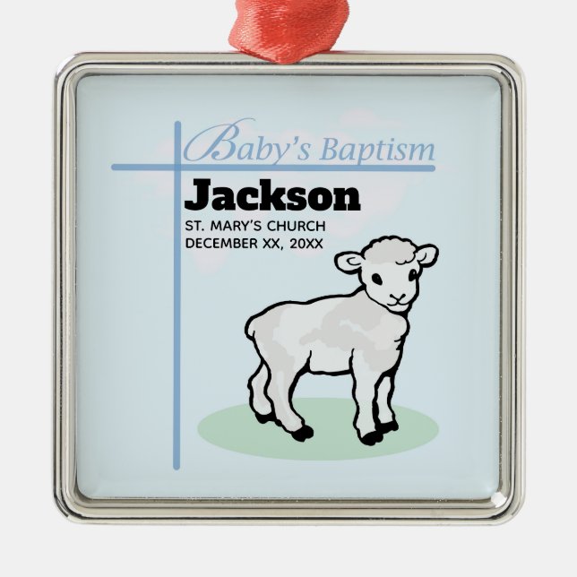 Baptism Blue Boy Lamb, Customisable Metal Ornament (Front)