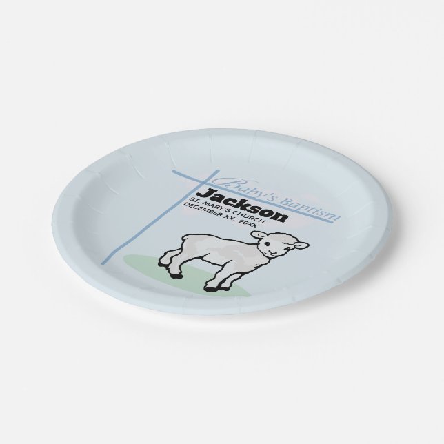 Baptism Blue Boy Lamb, Customisable Paper Plate (Angled)