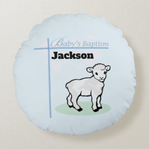Baptism Blue Boy Lamb, Customisable Round Cushion