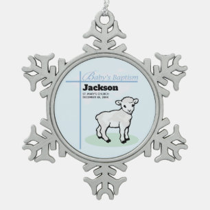 Baptism Blue Boy Lamb, Customisable Snowflake Pewter Christmas Ornament