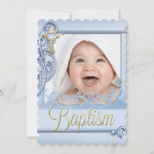 Baptism Blue Cross Boy Christening Photo Invitation