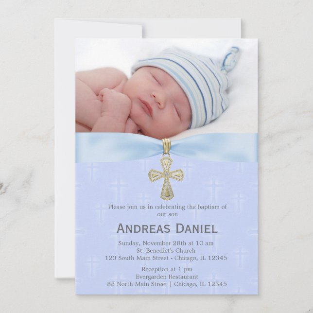 Baptism Blue Cross with photo Invitation (Front)
