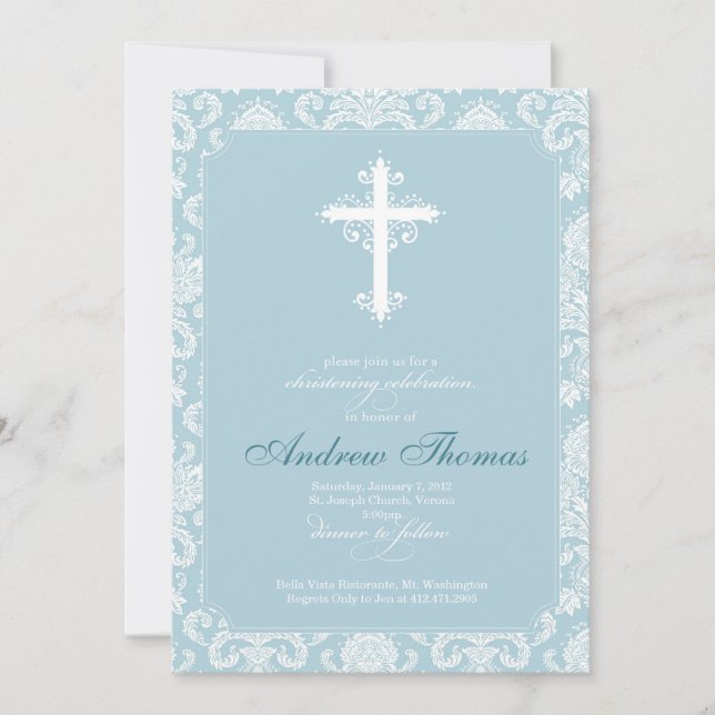 Baptism - Blue Damask Invitation (Front)