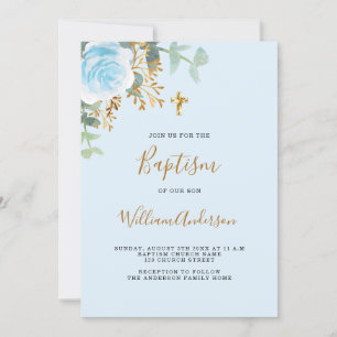 Baptism blue floral boy gold cross invitation
