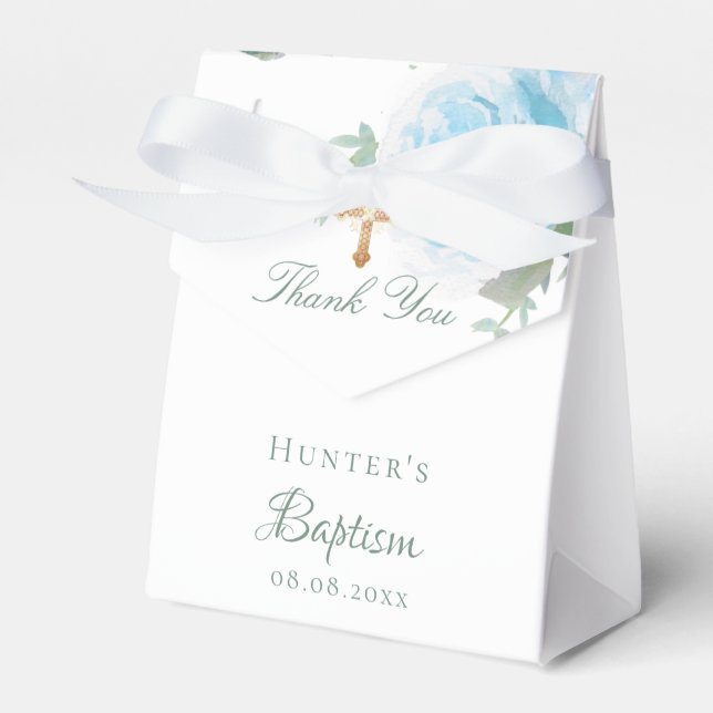 Baptism blue floral eucalyptus boy thank you favour box (Front Side)