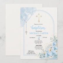 Baptism Blue Floral Rosary Arch Invitation