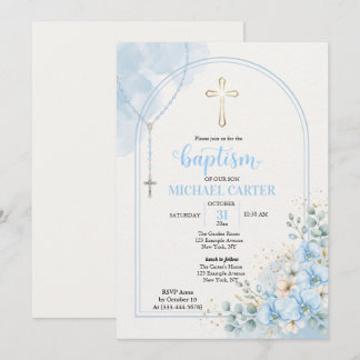 Baptism Blue Floral Rosary Arch Invitation