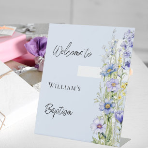 Baptism blue florals cross boy modern welcome sign