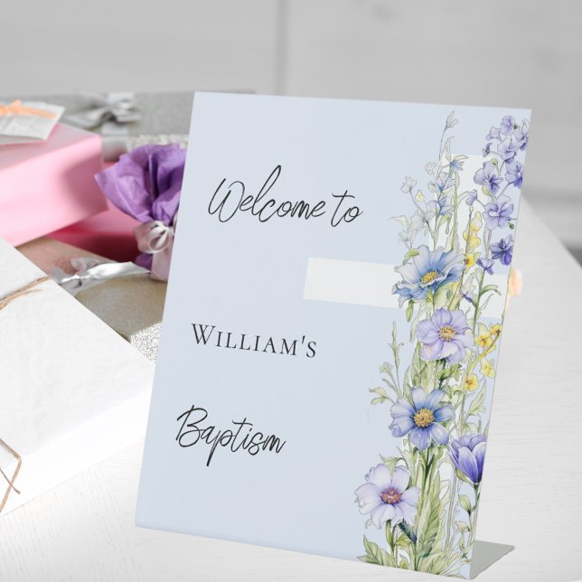 Baptism blue florals cross boy modern welcome sign (Creator Uploaded)