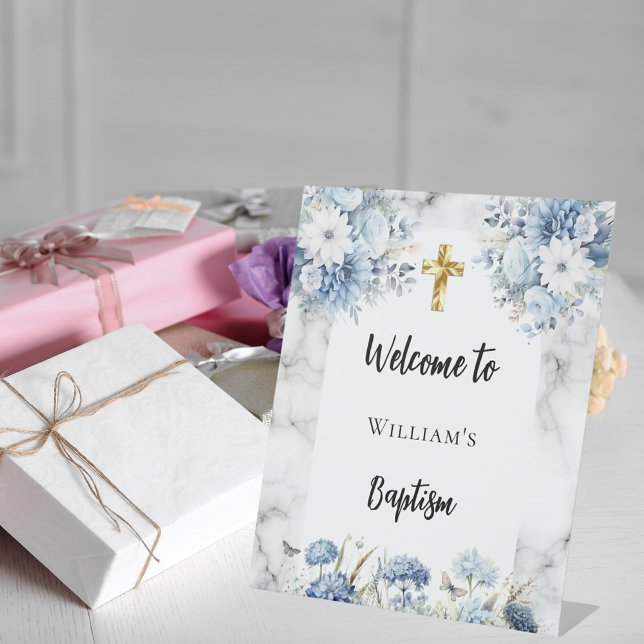Baptism blue florals marble arch welcome pedestal sign (Creator Uploaded)
