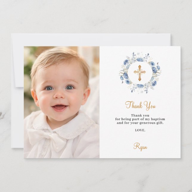 Baptism blue florals photo boy thank you card (Front)