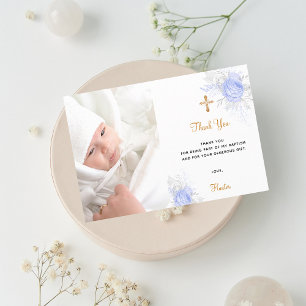 Baptism blue florals photo gold boy thank you card