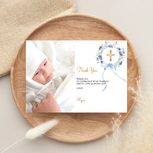 Baptism blue florals photo thank you card