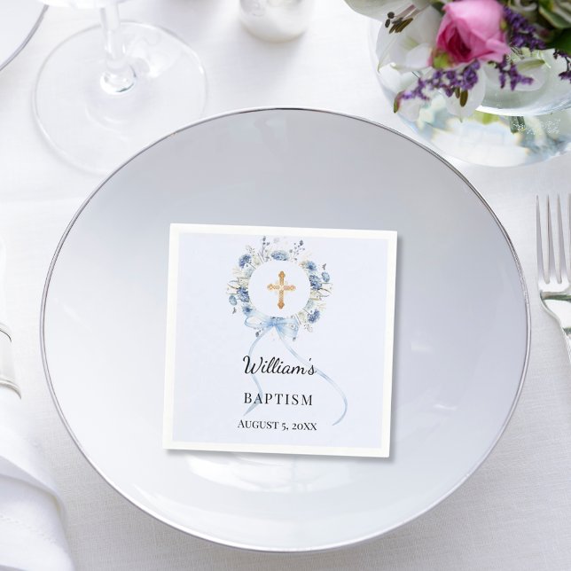Baptism blue florals wreath boy cross napkin (Creator Uploaded)