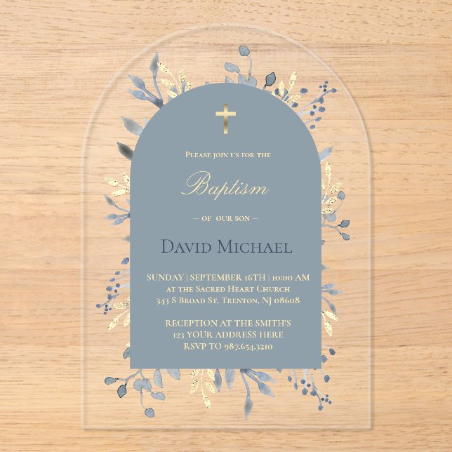 Baptism blue foliage blue arch acrylic invitation (Front)